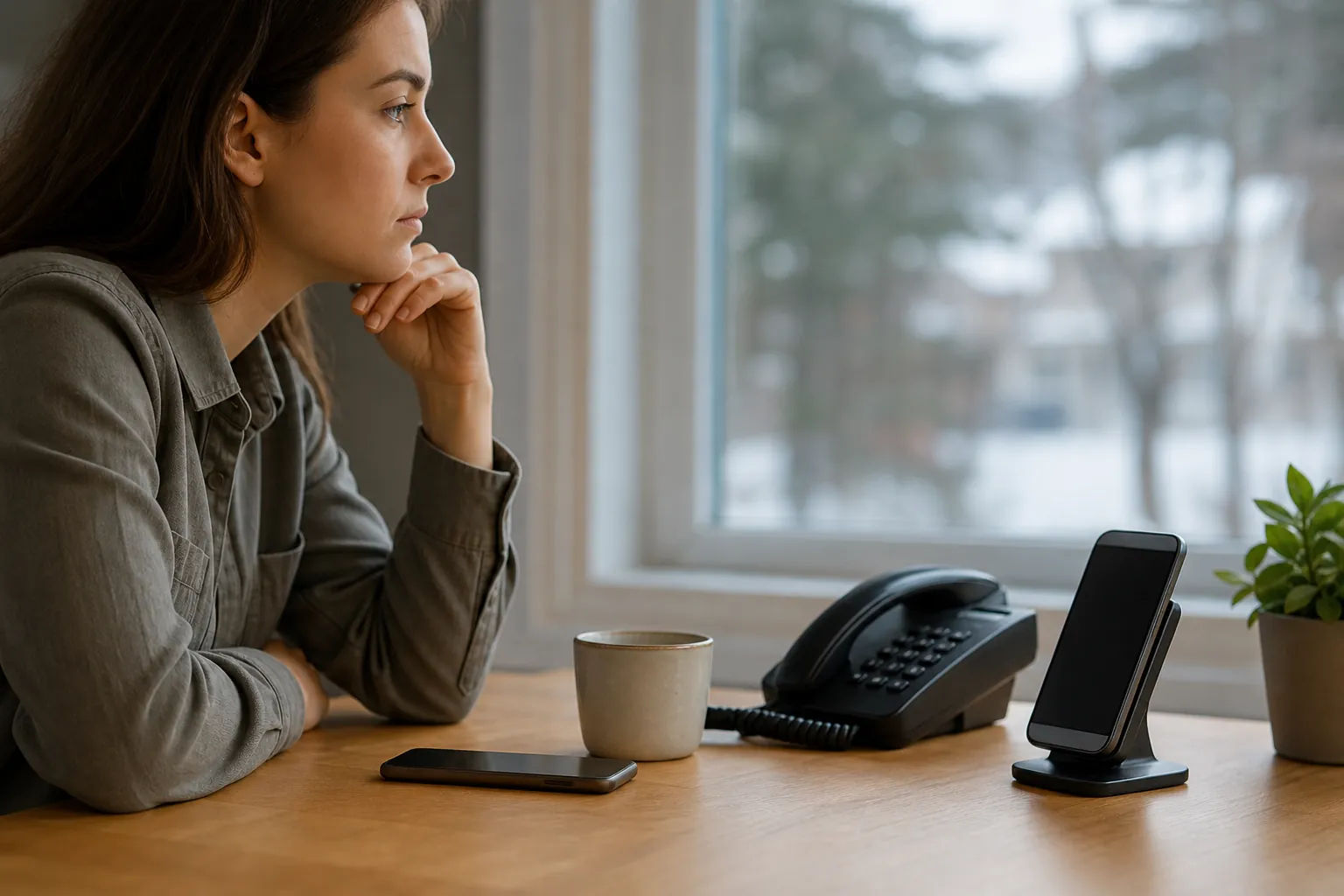 A woman rests her chin on her hand beside a corded telephone and two smartphones on a wooden table near a window.