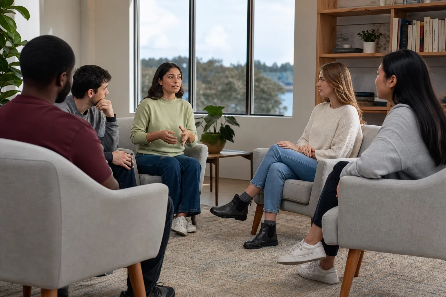 Five adults sit in a circle of armchairs, with one woman gesturing as she speaks.