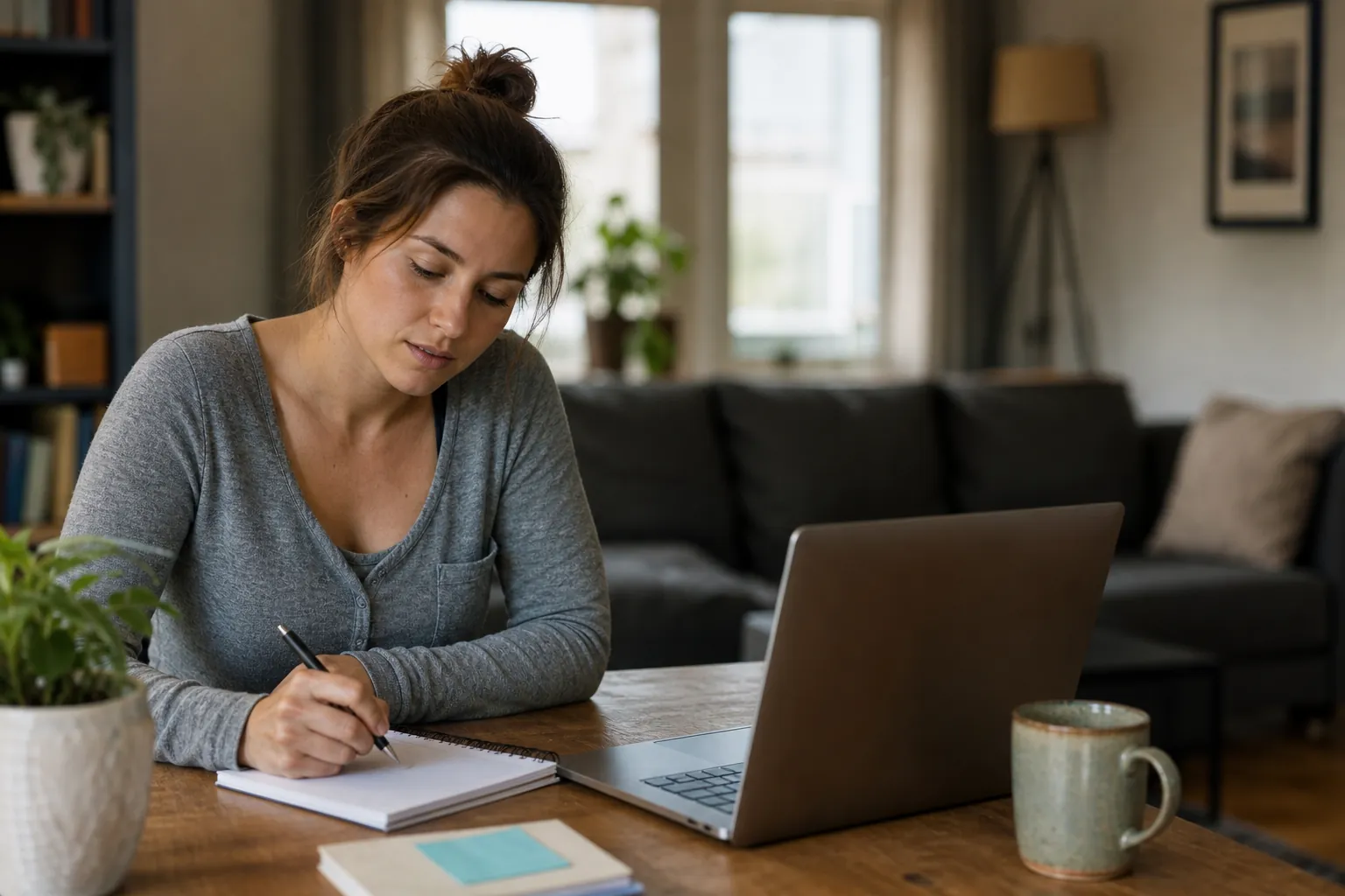 A woman writes in a notebook beside an open laptop and mug on a table.
