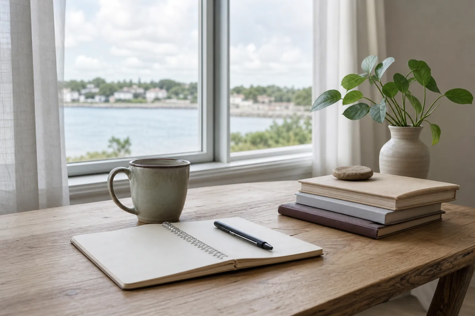An open blank notebook and pen beside a mug, stacked books topped with a stone, and a leafy plant near a window overlooking water.
