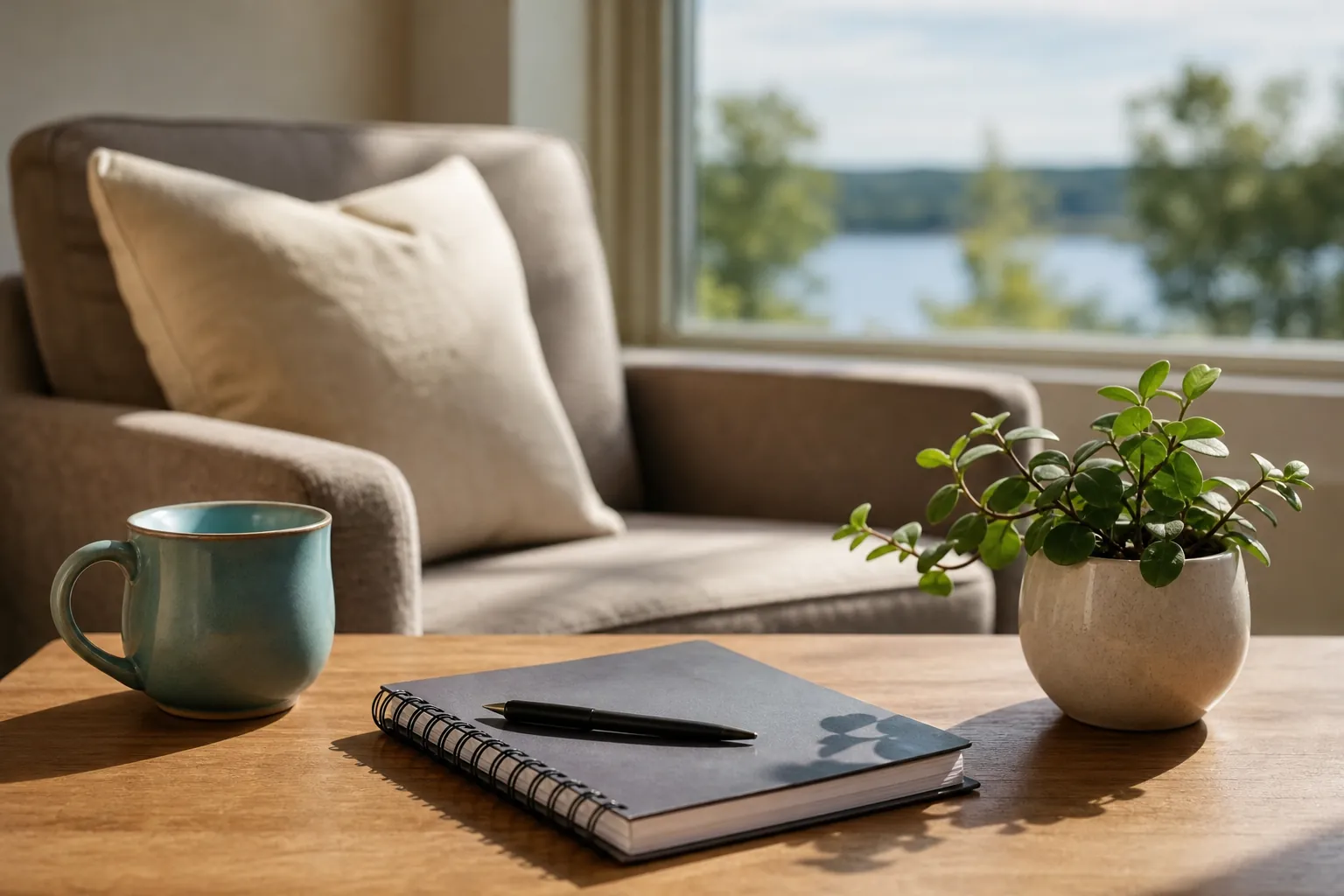 A spiral notebook and black pen, teal mug and potted plant on a wooden table beside a cushioned armchair and window.
