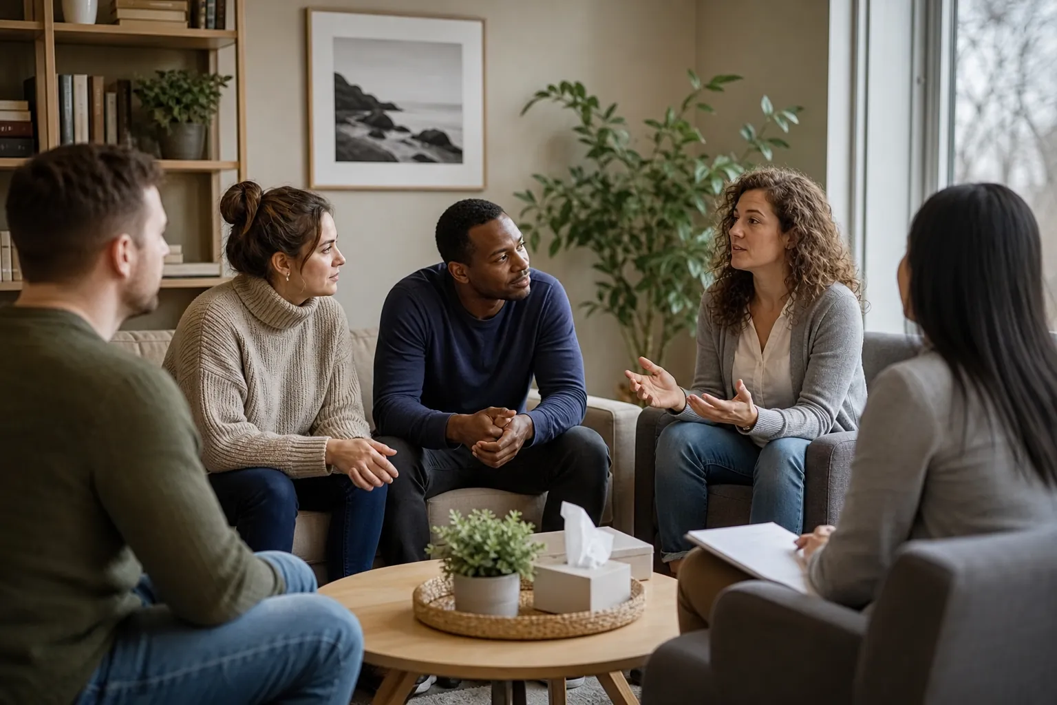 Group Discussion in a Comfortable Therapy Setting Five adults sit in a circle in a bright room, with one woman gesturing during a group discussion and another holding a notebook.