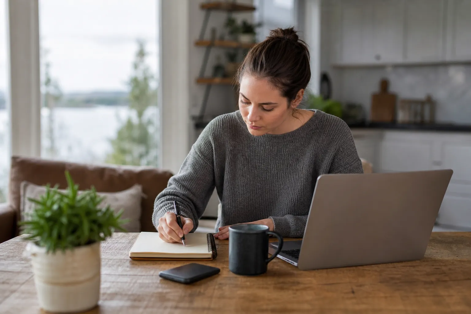 Woman Writing in a Notebook Beside a Laptop A woman writes in a notebook at a wooden table beside an open laptop, black mug, smartphone, and potted plant.