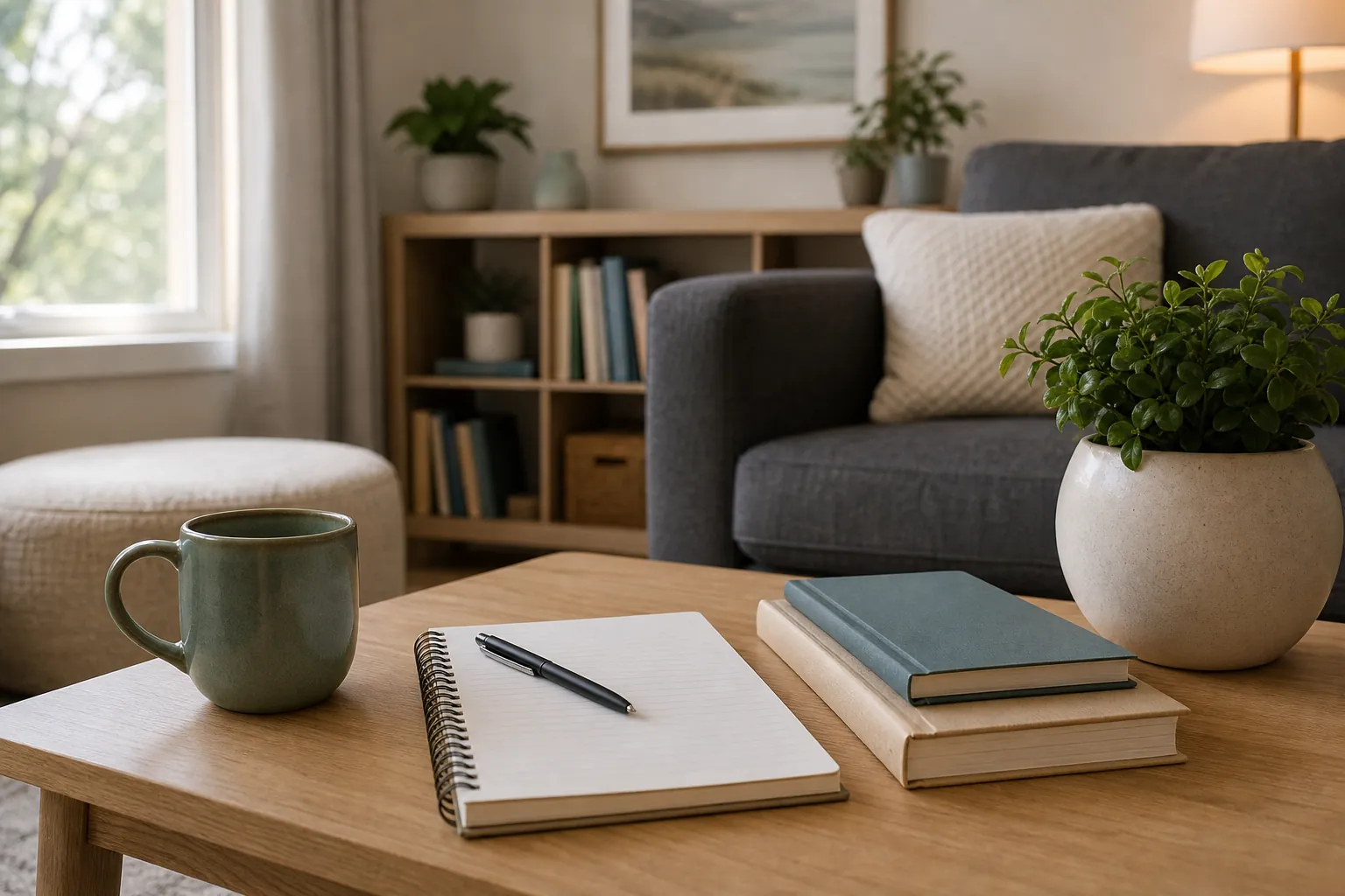 Notebook, mug and plant on a wooden table A wooden table holds a blank spiral notebook with a pen, a green mug, two stacked books and a potted plant, with a gray armchair and bookshelf behind it.