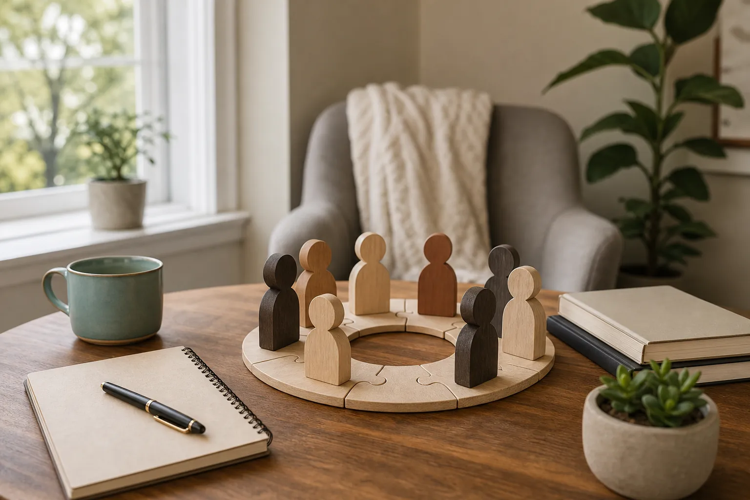 Wooden figures on a puzzle ring with notebooks and plants Wooden human-shaped tokens stand on a circular puzzle ring on a table beside a mug, blank notebook, pen, stacked books and potted succulent, with an armchair behind.