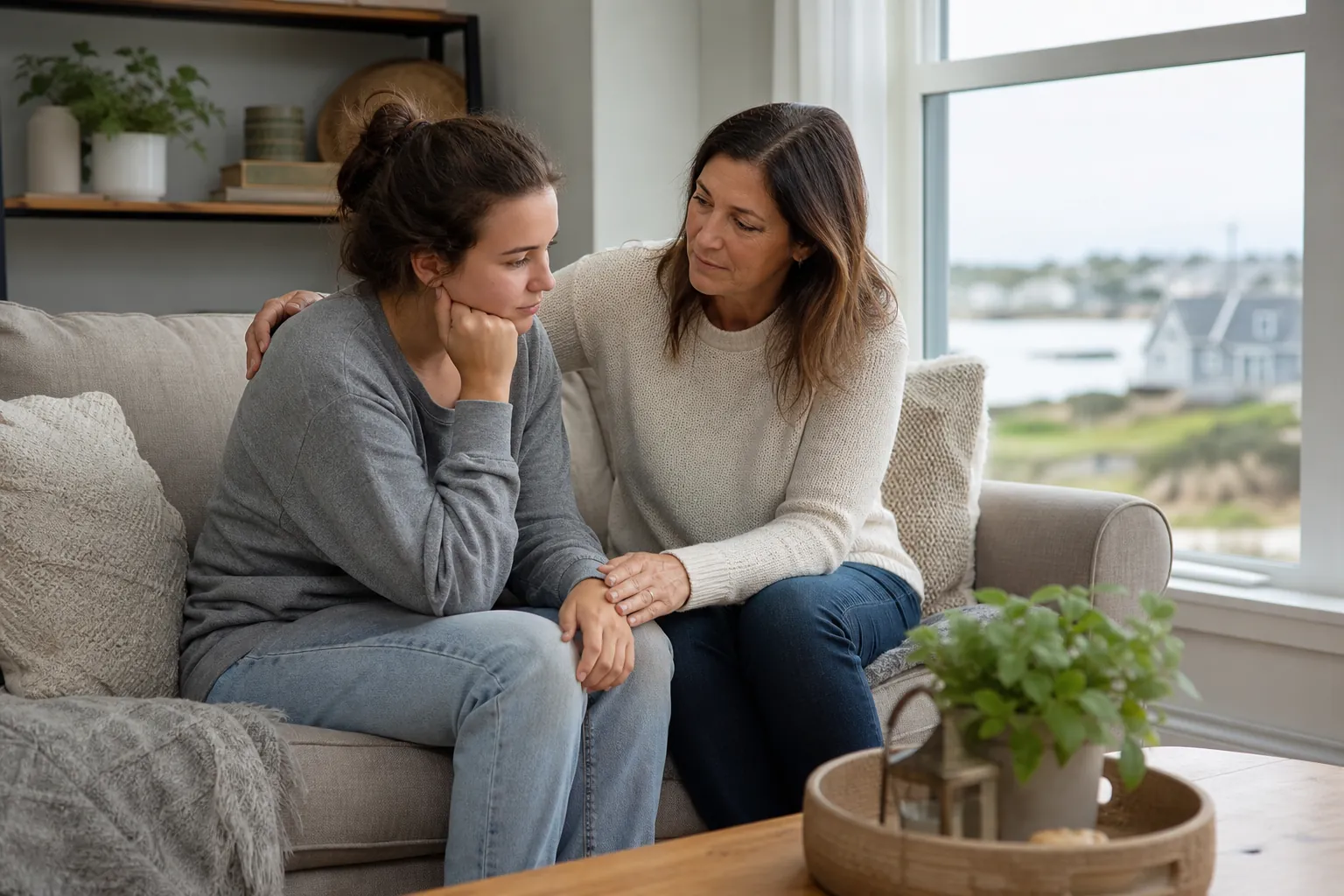 Two women sit beside each other on a sofa, with one resting a hand on the other’s arm.