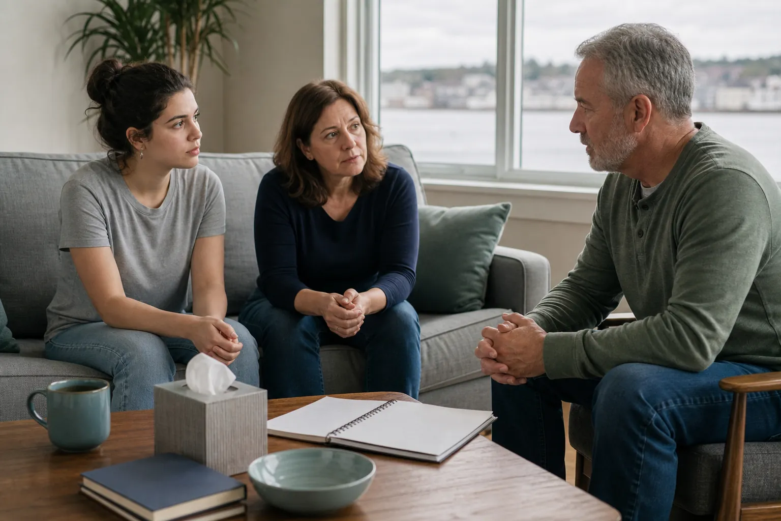 Three adults sit around a table with an open notebook, mugs and tissue box.