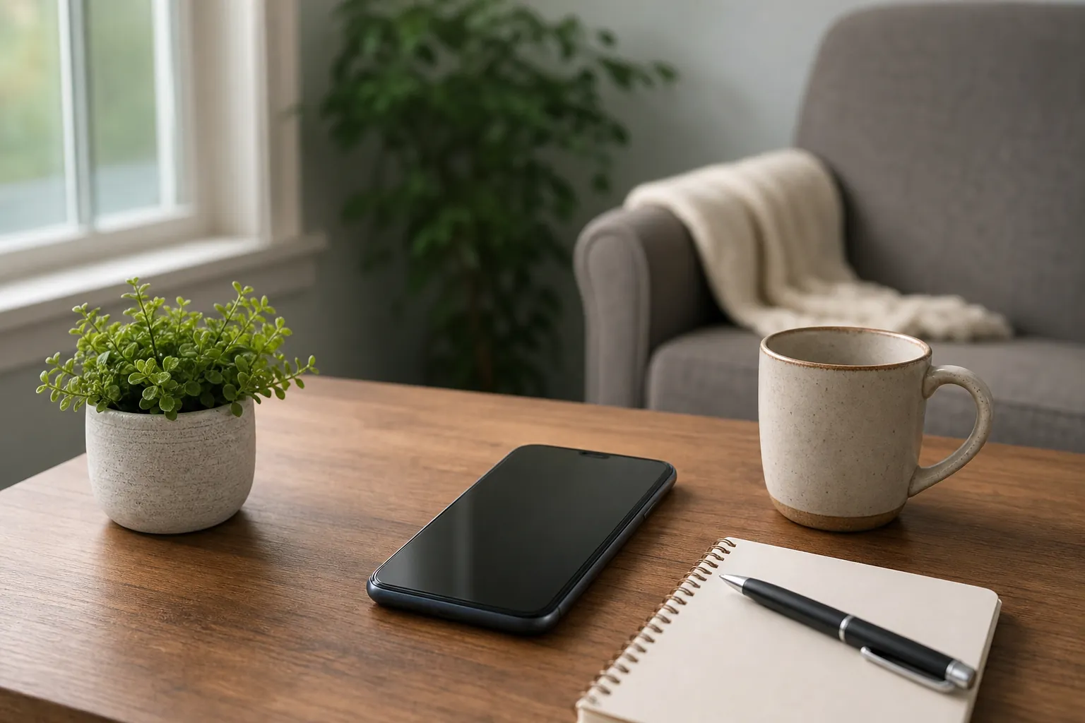 A smartphone with a dark screen, ceramic mug, potted plant and blank spiral notebook with a pen on a wooden table, with an armchair and window behind.