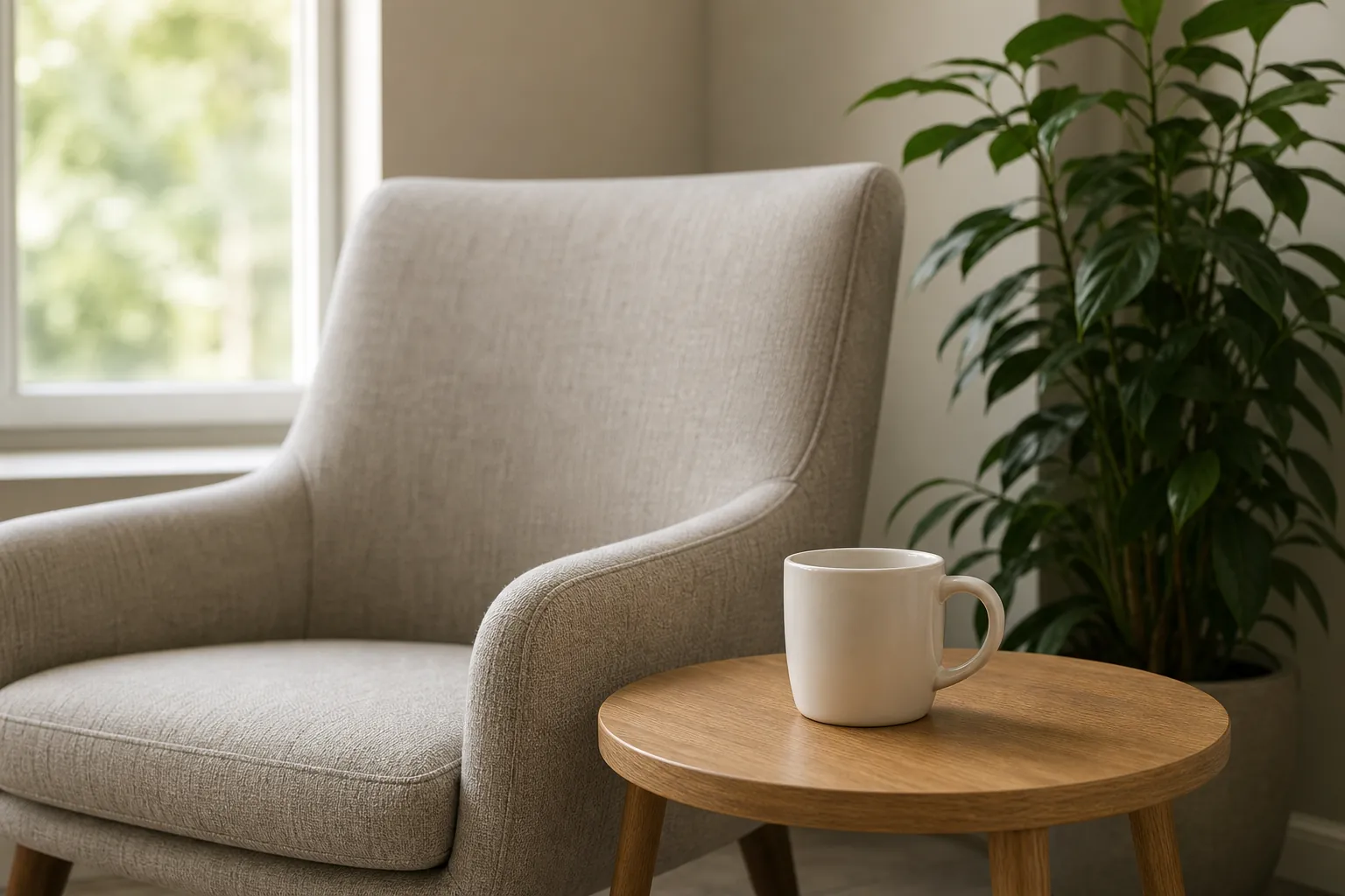 An empty beige armchair beside a round wooden table with a white mug, near a window and leafy potted plant.