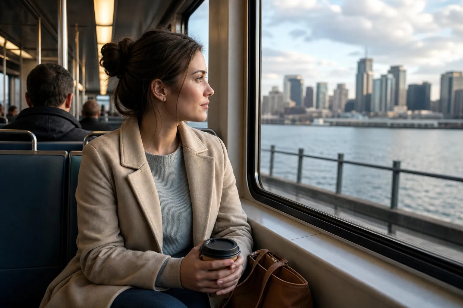A woman in a beige coat holds a takeaway cup on a train, looking through the window at water and a city skyline.