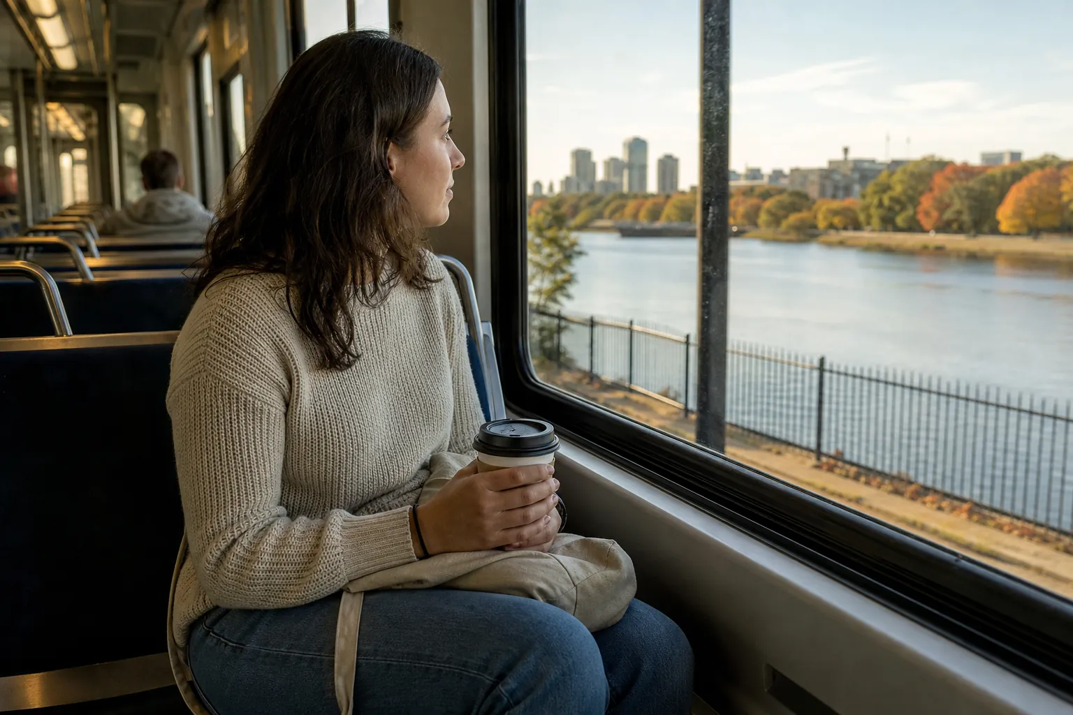 A woman holding a takeaway coffee sits on a train, looking out at a river, autumn trees, and a city skyline.
