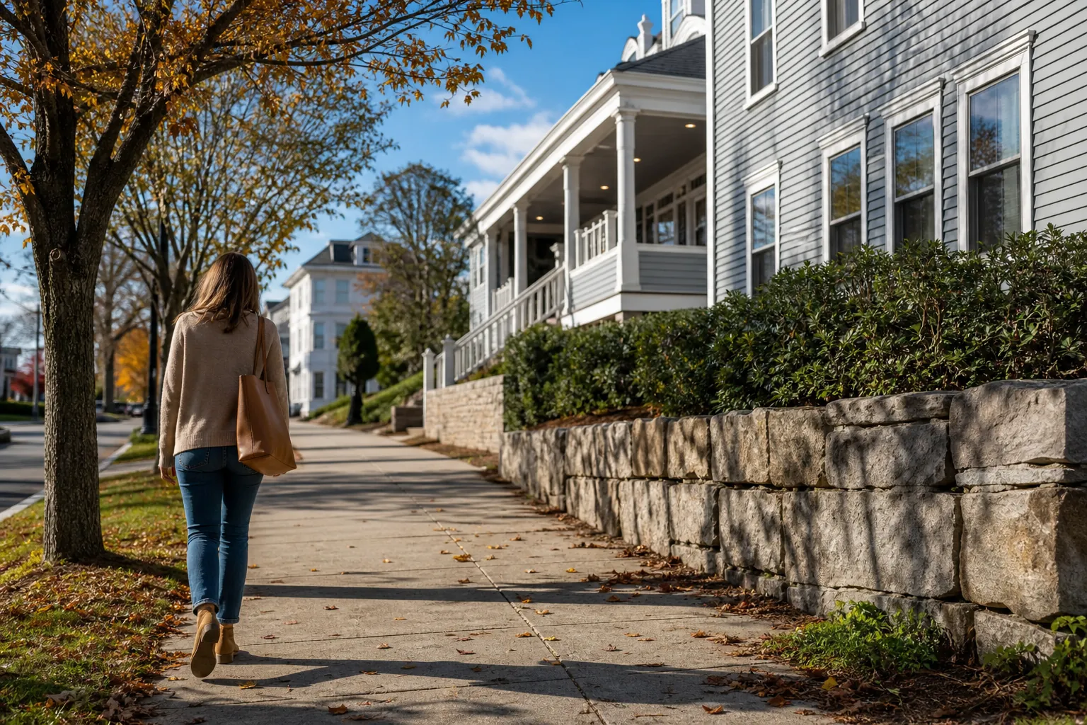 A woman carrying a tote walks on a sidewalk beside a gray building and stone wall.