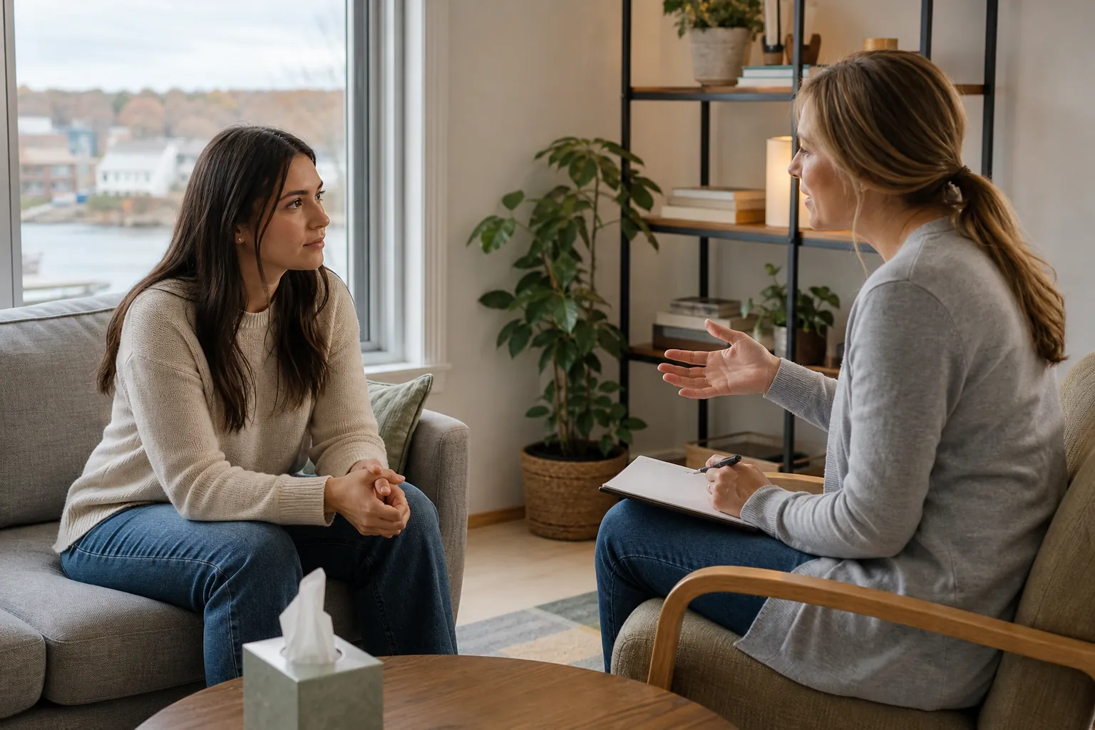 A woman seated on a sofa talks with a therapist holding a pen and clipboard in a bright office with plants.