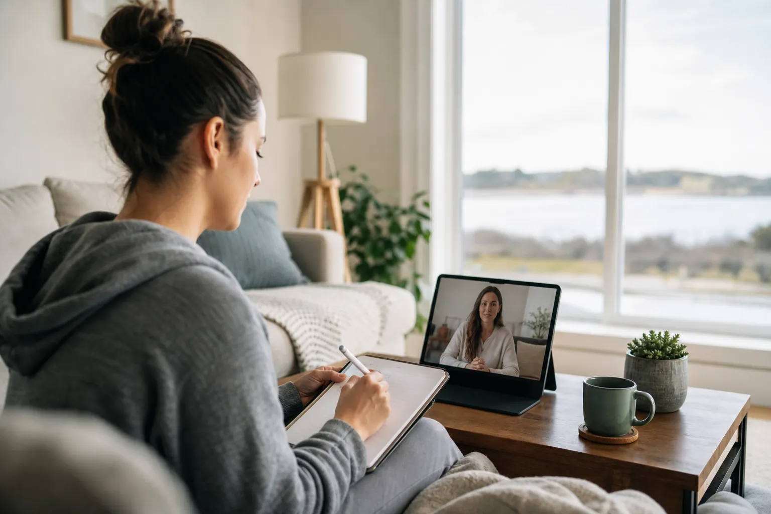 A woman seated on a sofa holds a stylus over a tablet while speaking with another woman on a video call.