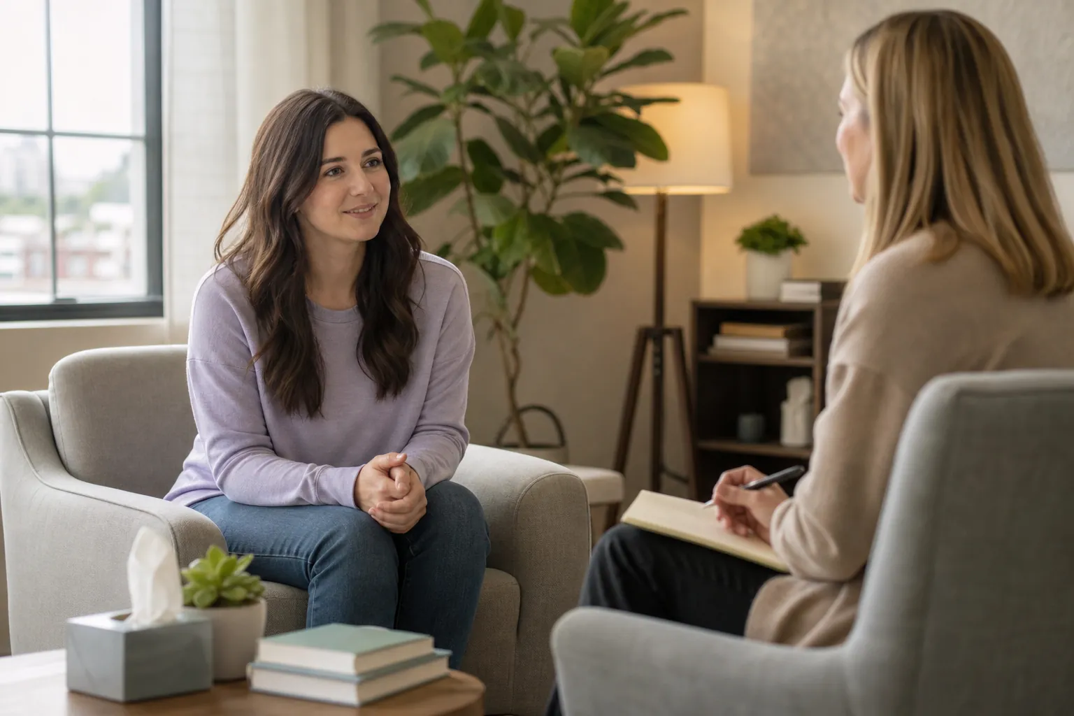 Woman Talking With a Therapist in a Quiet Office A woman sits with clasped hands across from a therapist holding a pen and notebook in a softly lit office.