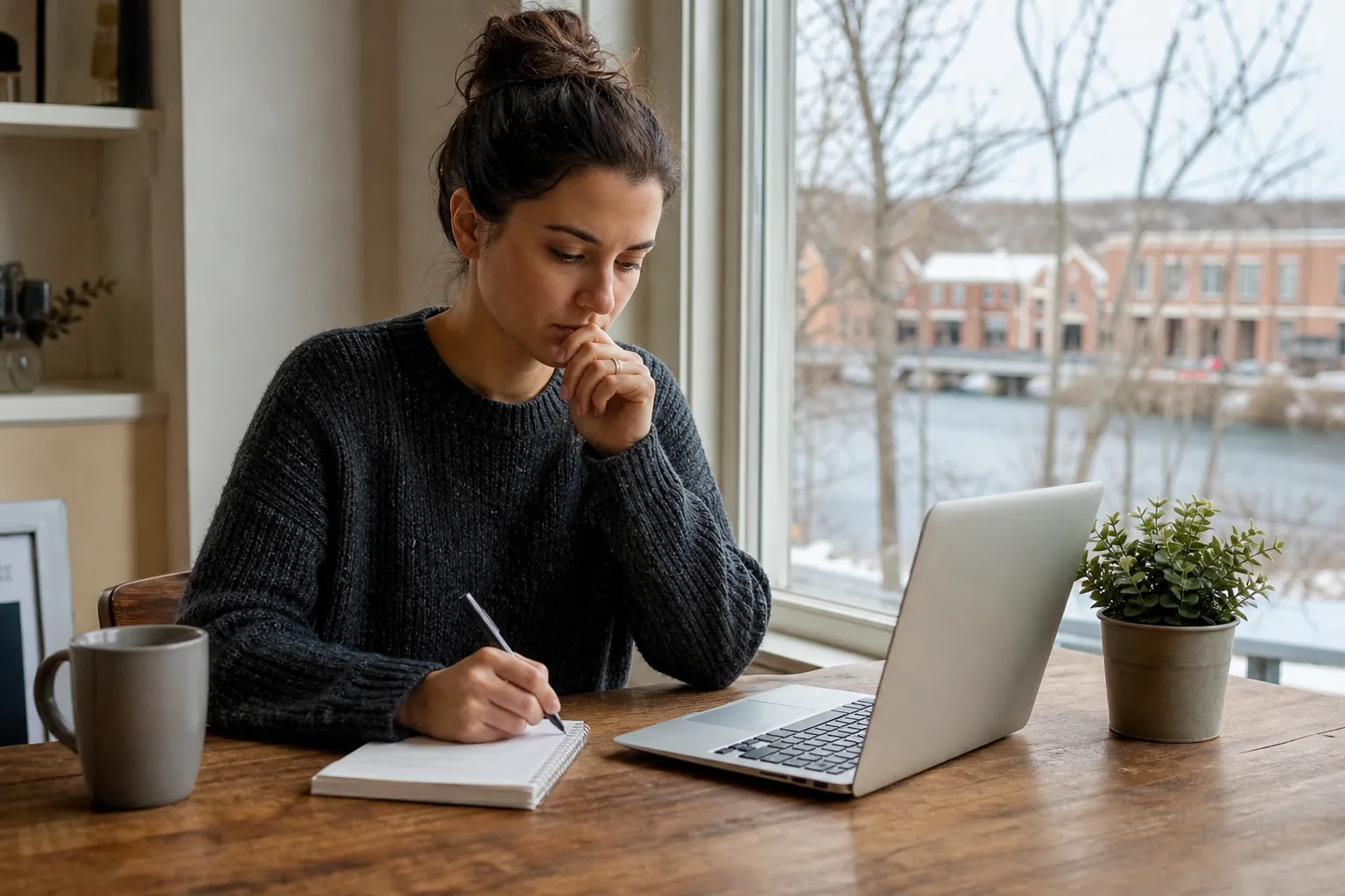 Woman Planning With a Notebook and Laptop A woman writes in a notebook beside an open laptop, a mug, and a potted plant at a wooden table by a window.