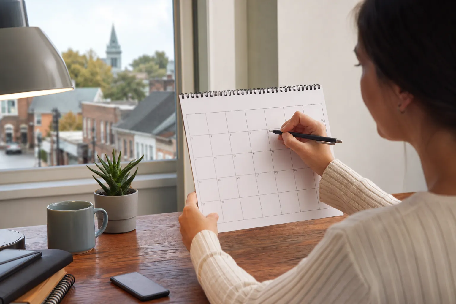Woman Reviewing a Calendar at a Desk by a Window A woman holds a spiral-bound calendar and pen at a wooden desk beside a window overlooking a town street.