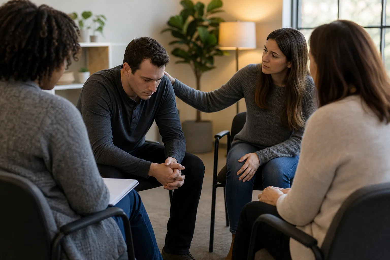 Supportive Moment in a Group Counseling Circle Four adults sit in a counseling circle as a woman rests her hand on the shoulder of a man looking down with clasped hands.