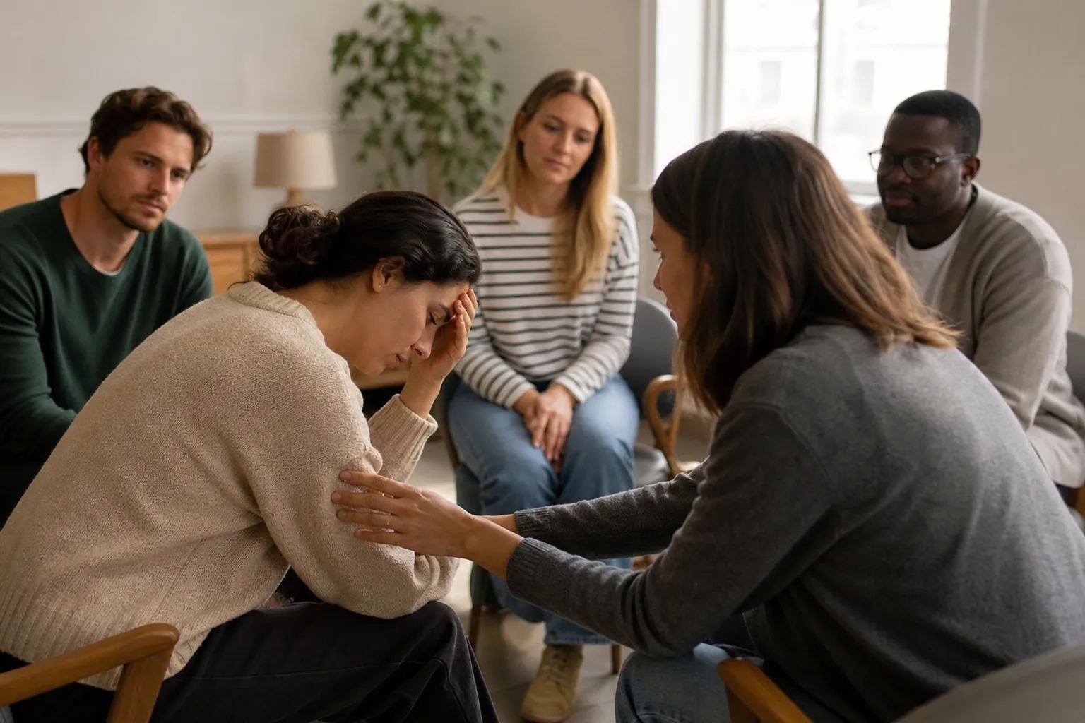 A Woman Receives Comfort in a Support Group A woman rests her forehead in her hand as another woman touches her arm, with three others seated nearby in a support group.