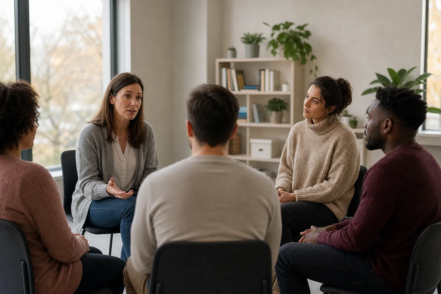 Adults Participating in a Group Therapy Discussion Five adults sit in a circle in a bright room as a woman gestures while speaking during a group discussion.