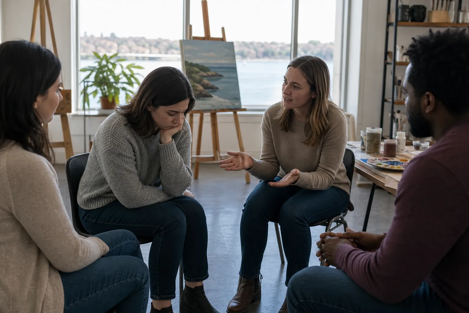 Supportive Group Conversation in an Art Studio Four adults sit in a circle beside painting supplies, with one woman looking down as another gestures with open hands.