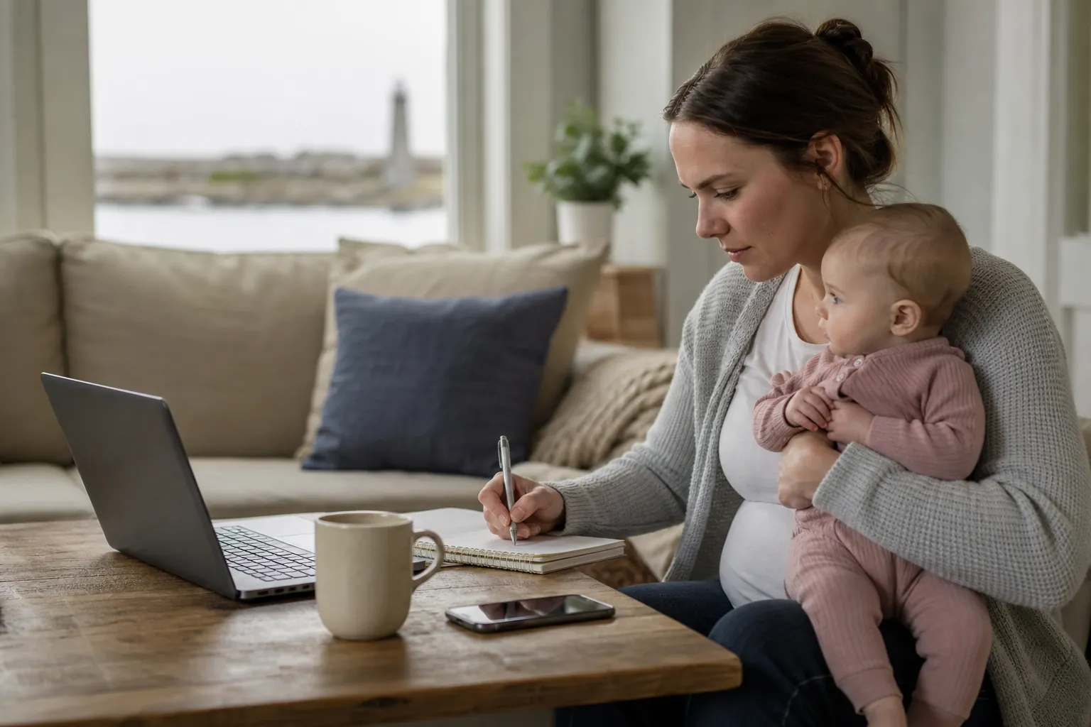 Woman holding an infant while writing in a notebook beside a laptop, smartphone, and mug.