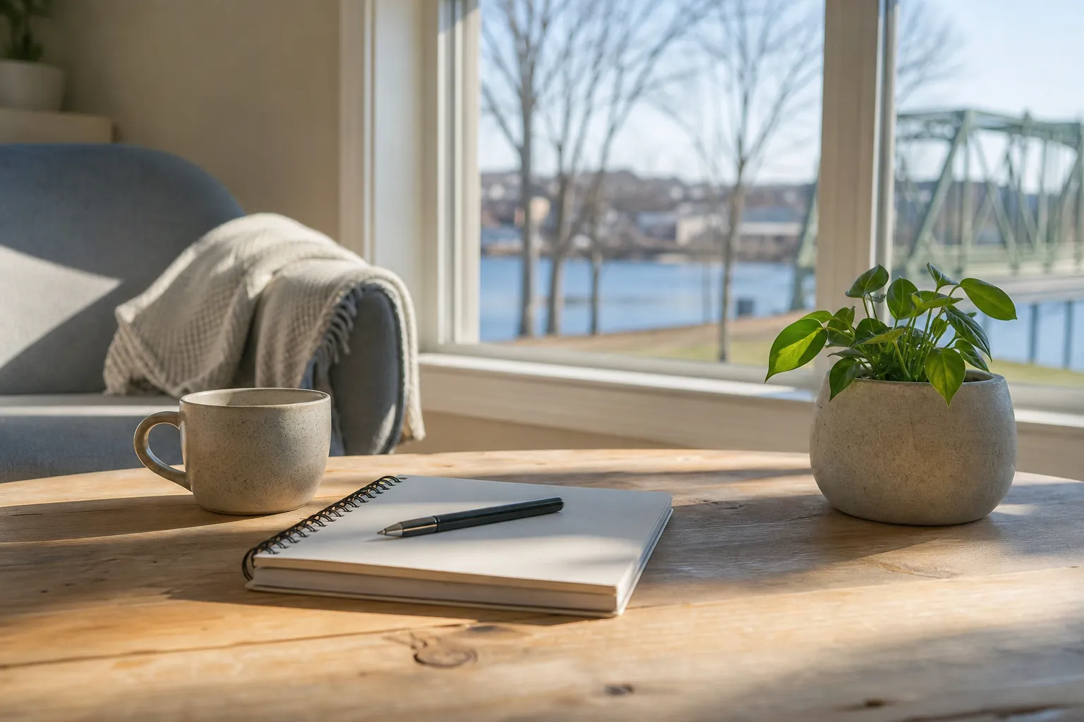 Notebook, mug and plant beside a window A blank spiral notebook and pen, ceramic mug and potted plant on a wooden table beside a window, with an armchair and draped blanket nearby.