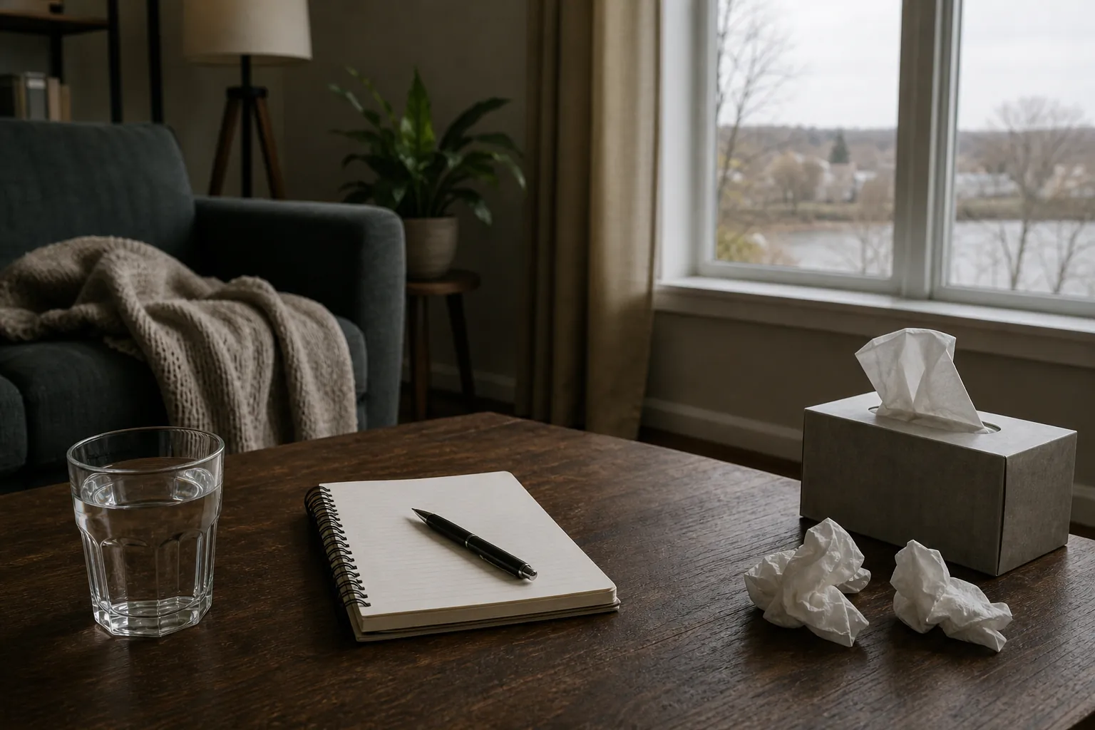 Notebook, water glass and tissues beside an armchair A wooden table holds a blank spiral notebook, pen, glass of water, tissue box and crumpled tissues beside an armchair with a knitted blanket, a plant and a window.