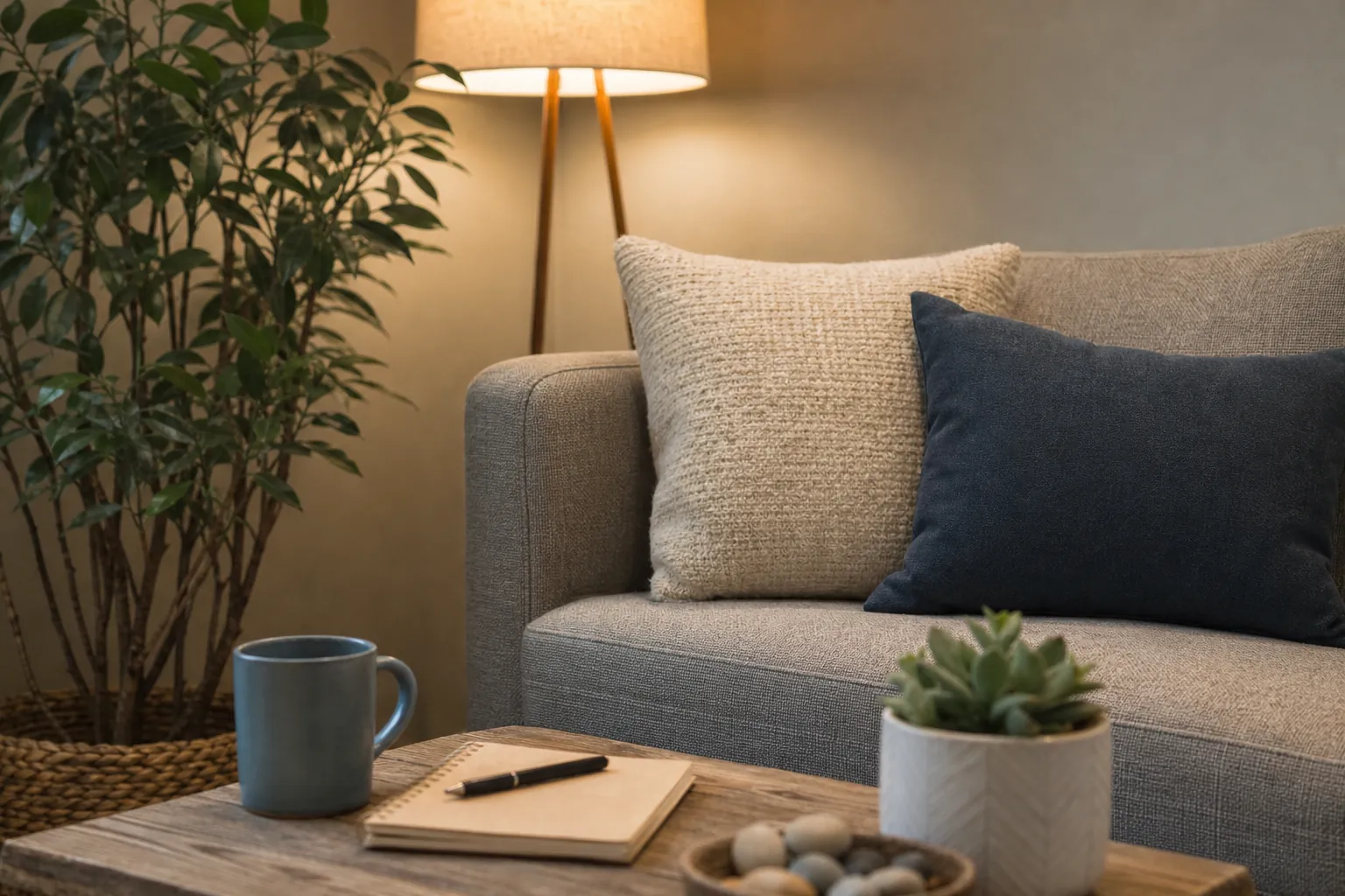 Gray sofa with cream and navy cushions beside a lit floor lamp and leafy plant. A wooden coffee table holds a mug, blank notebook, pen, potted succulent and bowl of stones.