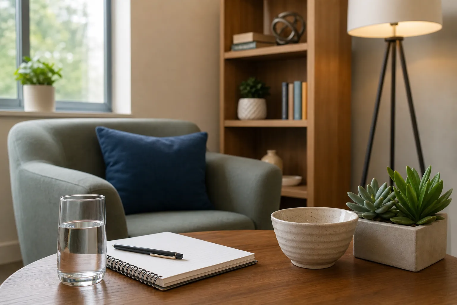 A gray armchair with a blue cushion beside a wooden table holding a blank notebook, pen, water glass, ceramic bowl, and succulents, with a bookshelf and floor lamp behind.