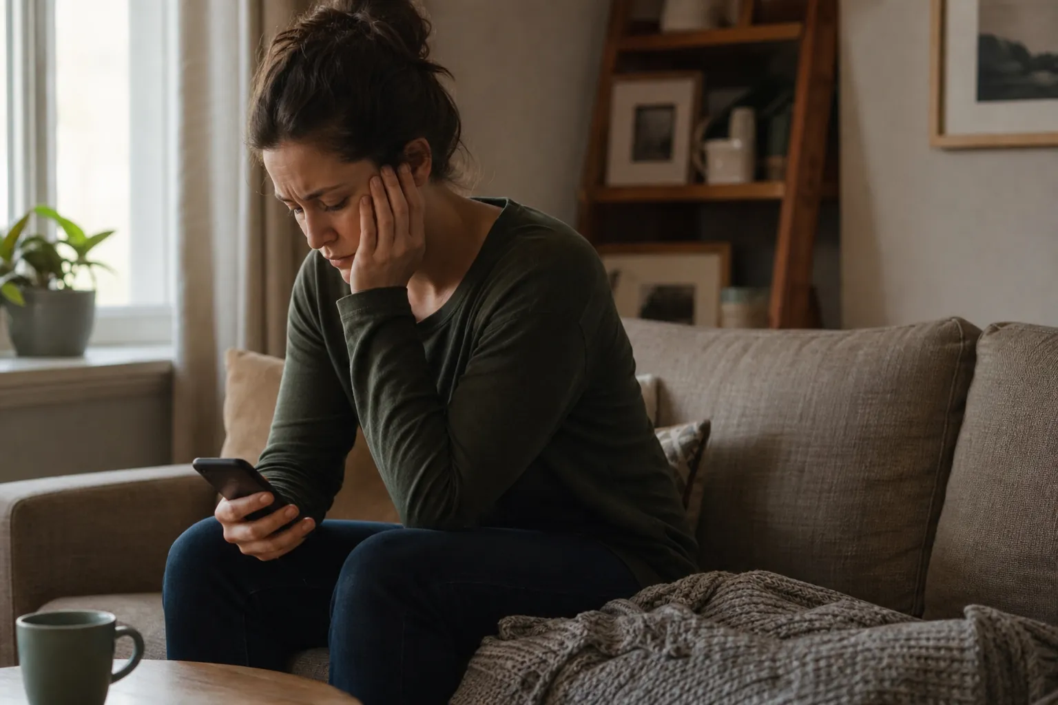 Worried Woman Looking at Her Phone on a Sofa A worried-looking woman sits on a sofa, holding a smartphone and resting her cheek in her other hand.