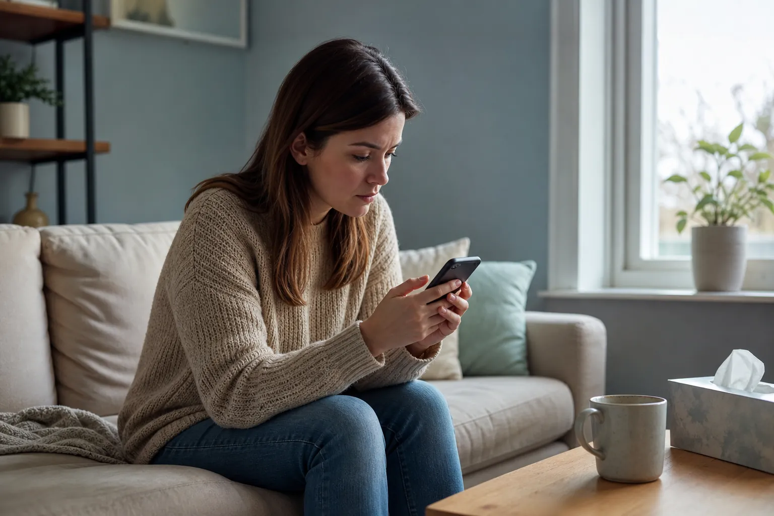 Woman Looking Intently at Her Phone on a Sofa A woman in a beige sweater leans forward on a sofa, looking intently at a smartphone held in both hands.