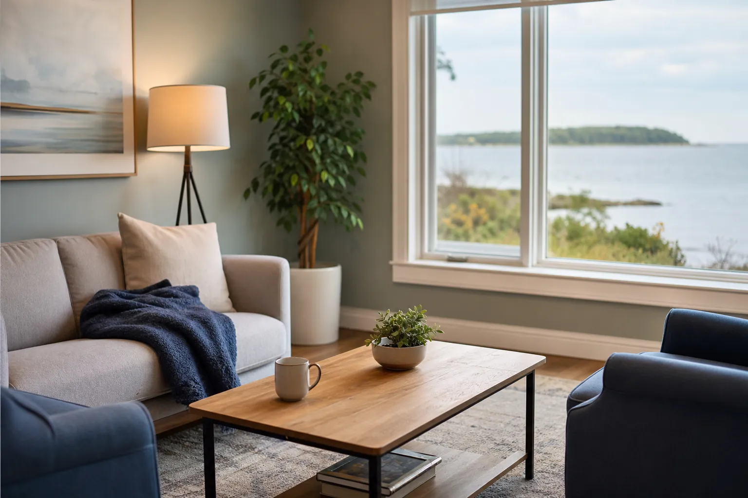A quiet sitting room with a beige sofa, blue armchairs, a wooden coffee table, and a large window overlooking water.