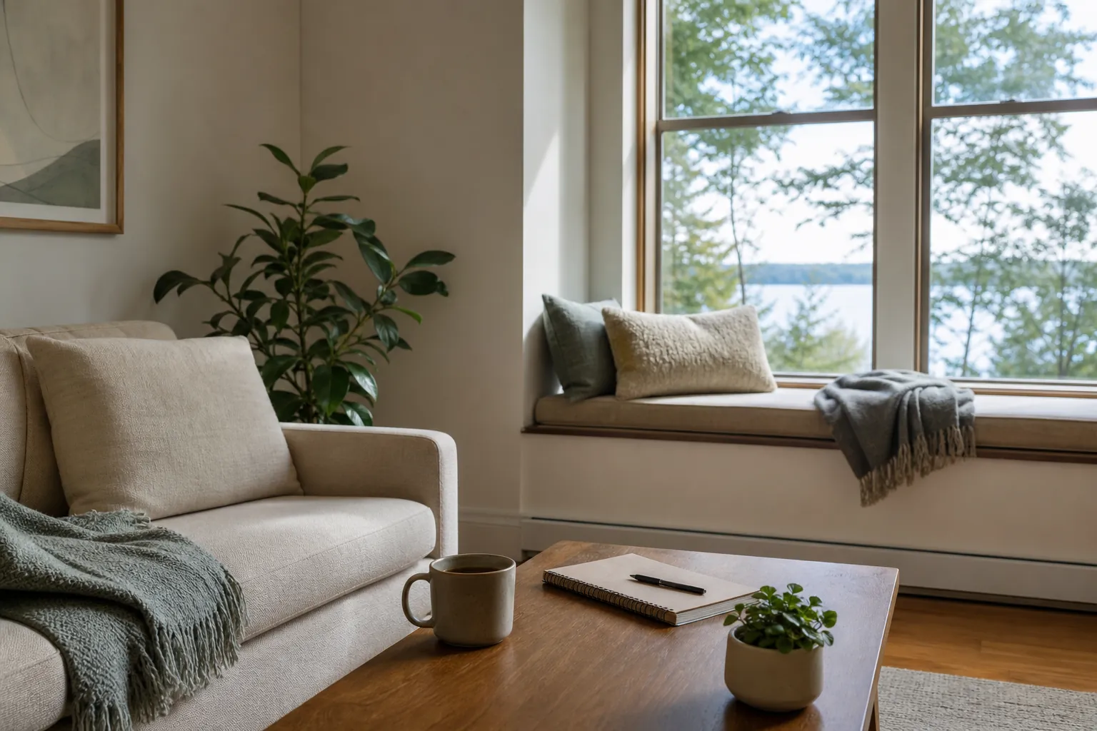 Quiet living room with a beige sofa, blankets, plants, a mug and notebook on a wooden table, and a window seat overlooking water.