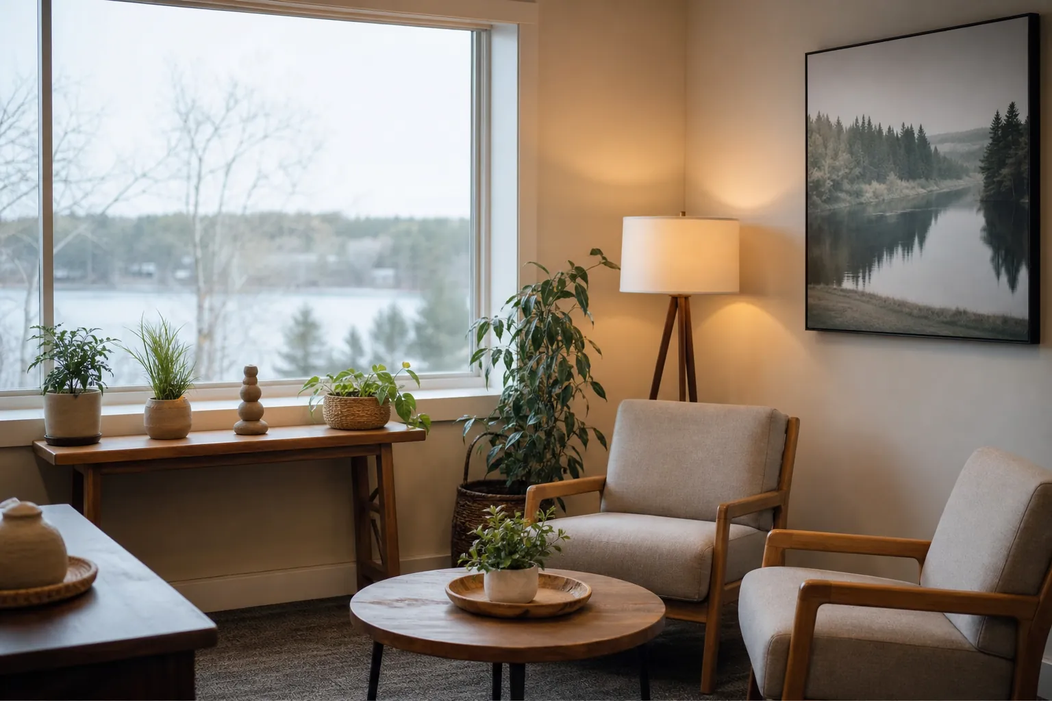 Quiet sitting room with two upholstered wooden chairs, a round coffee table, houseplants, and a large window overlooking water.