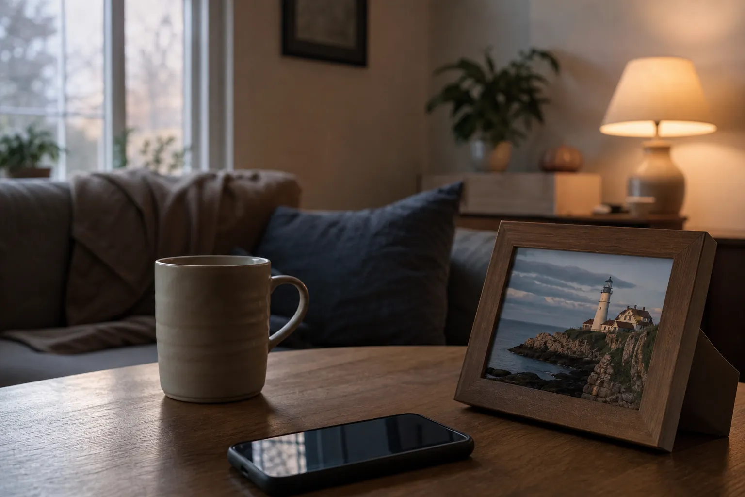 A mug, dark-screen smartphone, and framed lighthouse photograph sit on a wooden table beside a sofa in a softly lit living room.