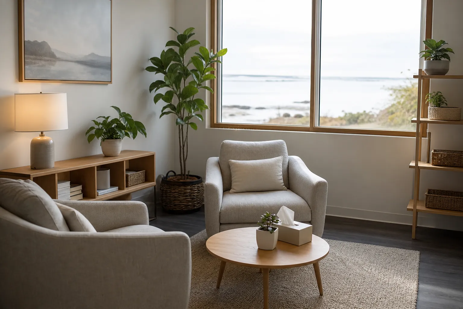 Two upholstered armchairs face a round table with tissues and a small plant in a quiet room overlooking the water.