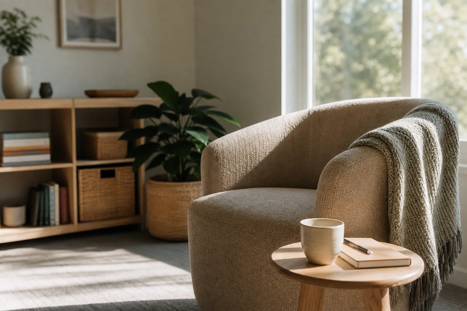 Sunlit Reading Corner With Armchair and Notebook A beige armchair with a knitted throw sits beside a wooden table holding a cup, notebook, and pen in a sunlit room.