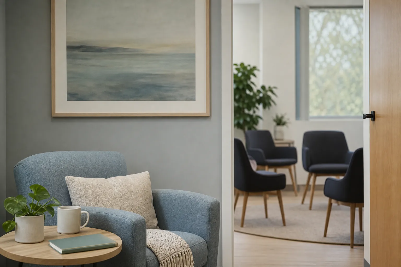 Quiet Seating Area Beside a Group Meeting Room A blue armchair beside a table with a plant, mug and book, with four dark chairs visible through an open doorway.