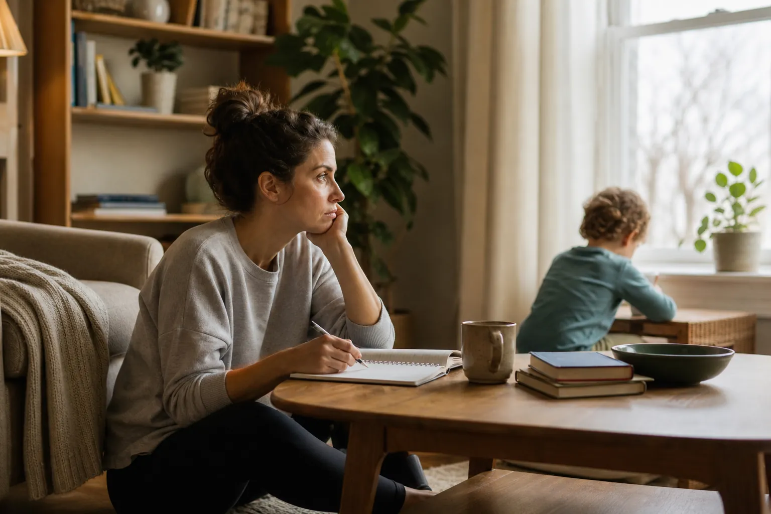 A pensive woman holds a pen over an open notebook at a coffee table while a child faces a bright window behind her.