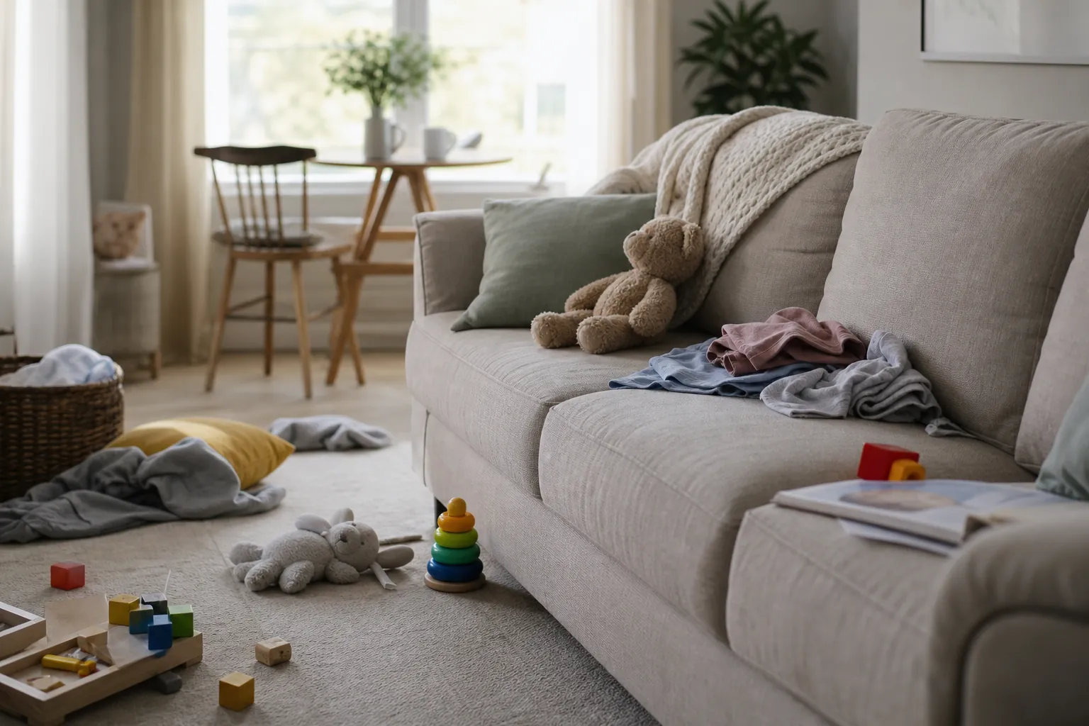 A beige living room sofa holds a teddy bear and clothes, with toy blocks, stacking rings, and a stuffed rabbit on the floor.