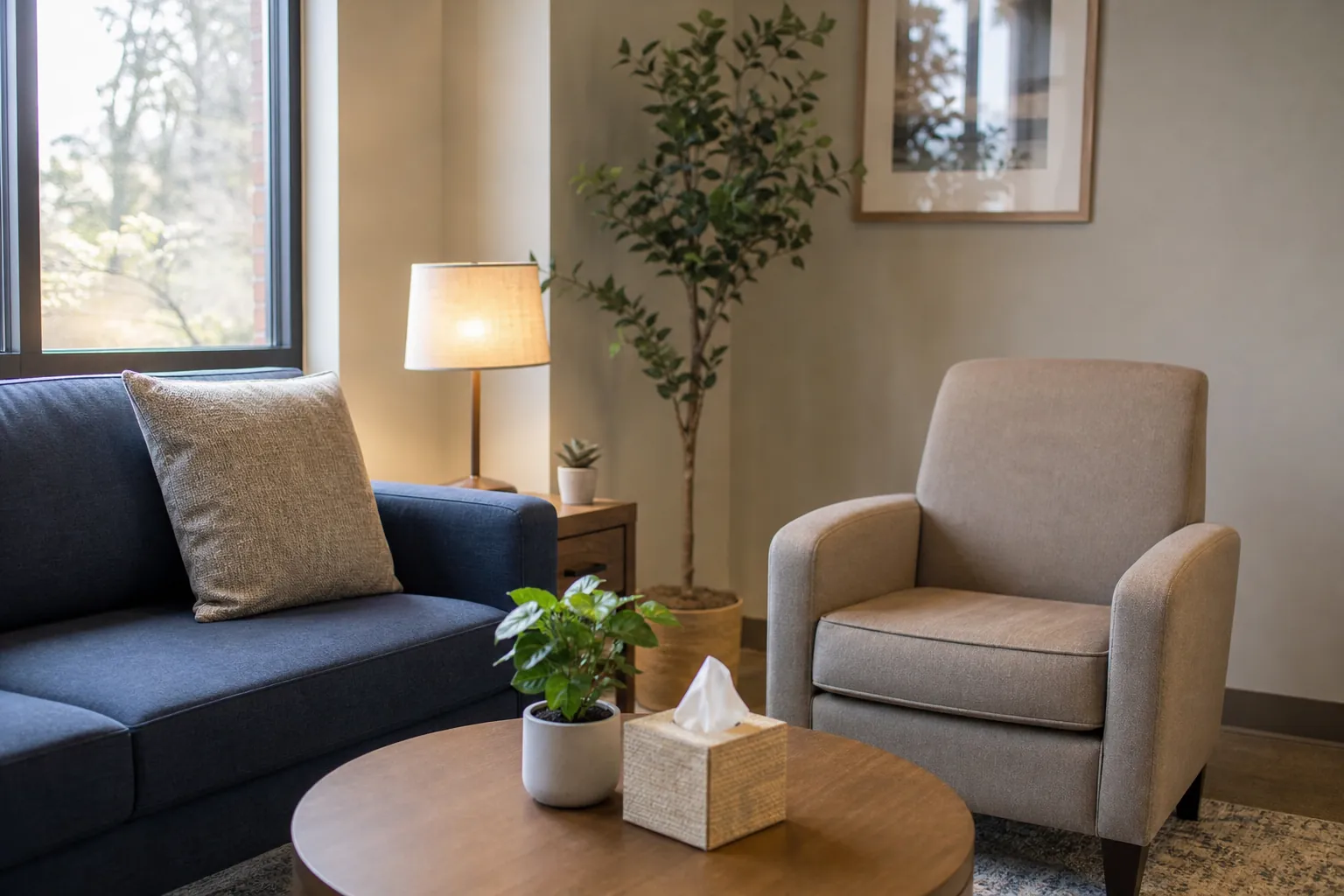 An empty seating area with a blue sofa, beige armchair, and round wooden table holding a tissue box and potted plant.