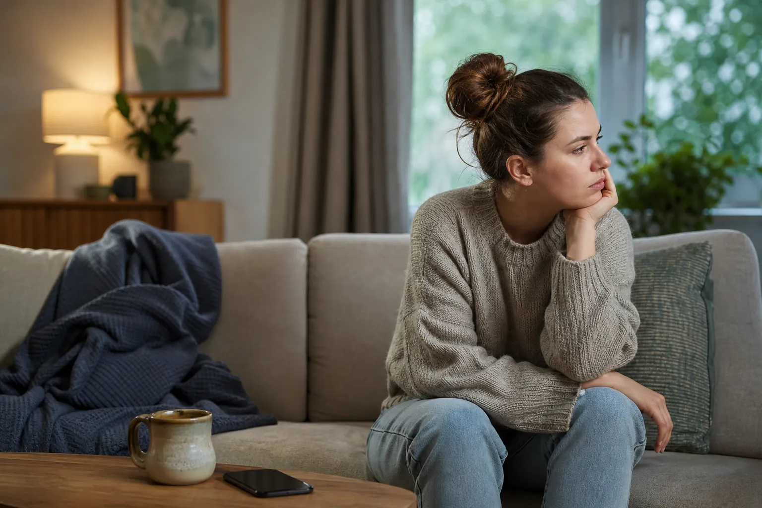 A woman sits alone on a sofa, resting her chin on her hand and looking away, with a mug and phone on the coffee table.