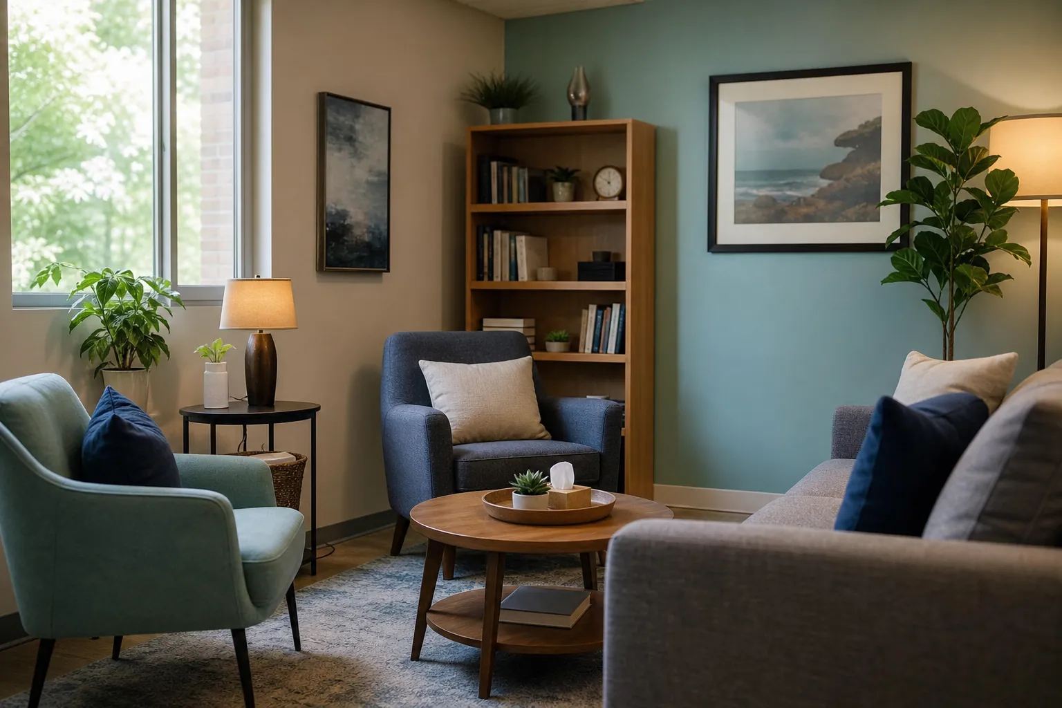 A quiet counseling room with two armchairs, a sofa, a wooden coffee table, tissues, plants, and soft lighting.