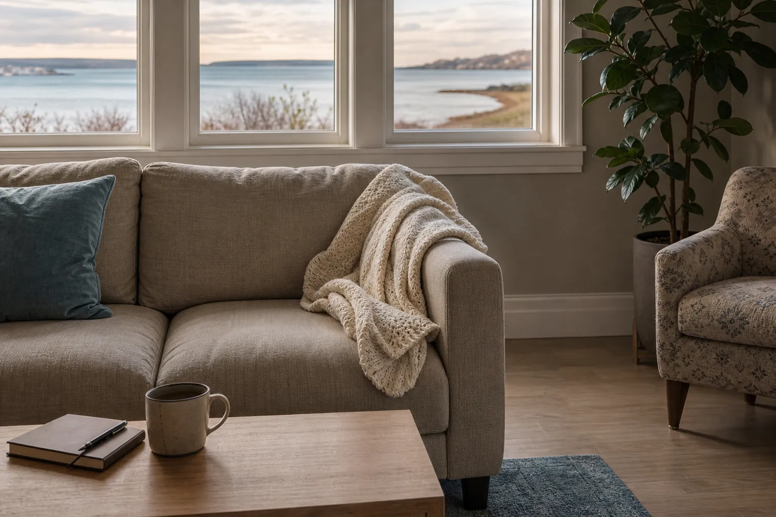 A beige sofa with a teal cushion and knit blanket faces a coffee table with a mug and notebook beside windows overlooking water.