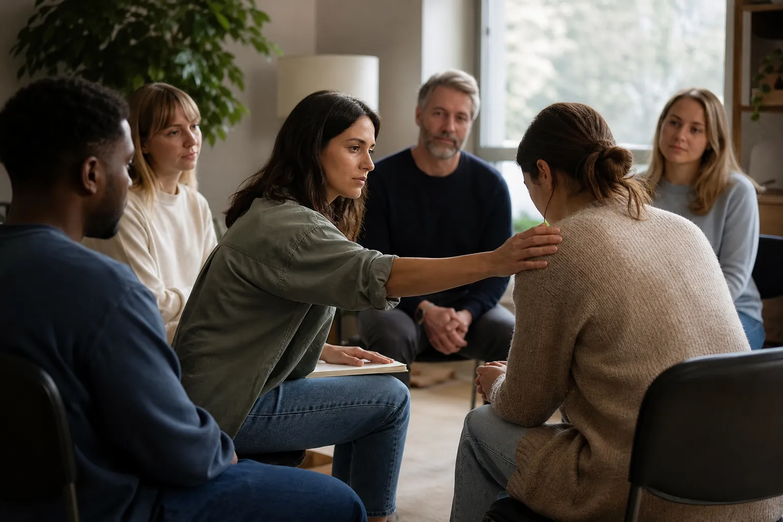 Supportive Moment in a Mental Health Group Six adults sit in a support group circle as a woman rests her hand on the shoulder of another woman with her head bowed.