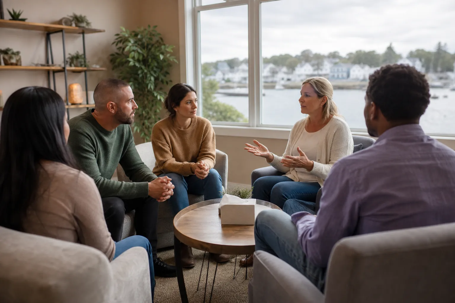 Adults Participating in a Supportive Group Discussion Five adults sit in a circle around a coffee table as a blonde woman gestures during a group discussion in a bright room.