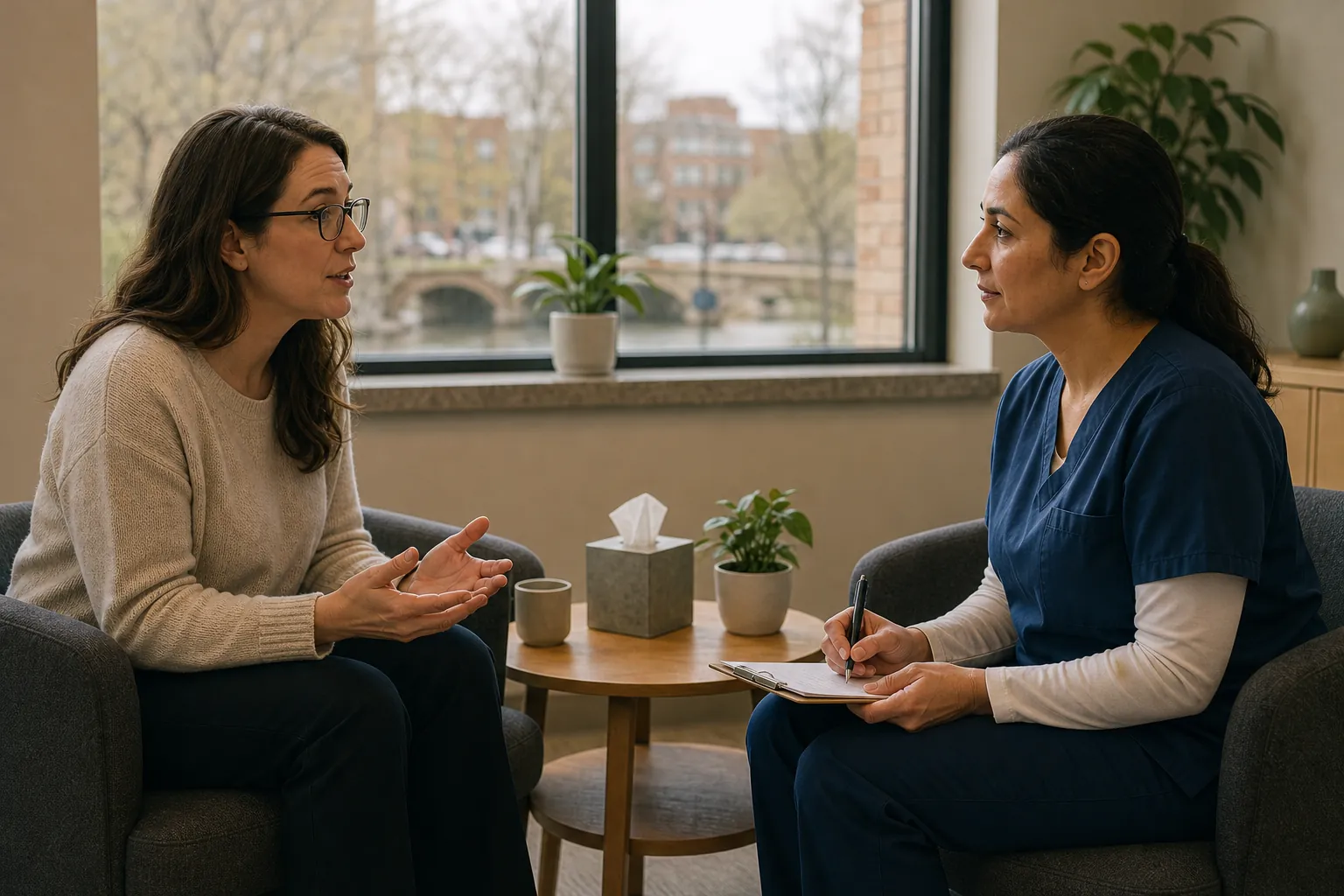 A woman gestures while talking with a healthcare worker in navy scrubs holding a pen and clipboard in a comfortable office.