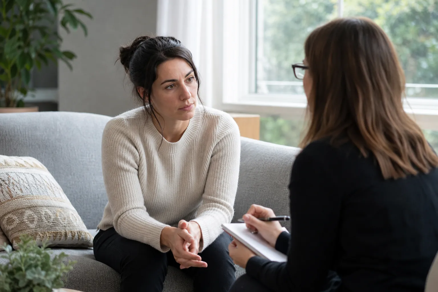 A woman sits on a gray sofa during a counseling conversation with a woman holding a pen and notepad.
