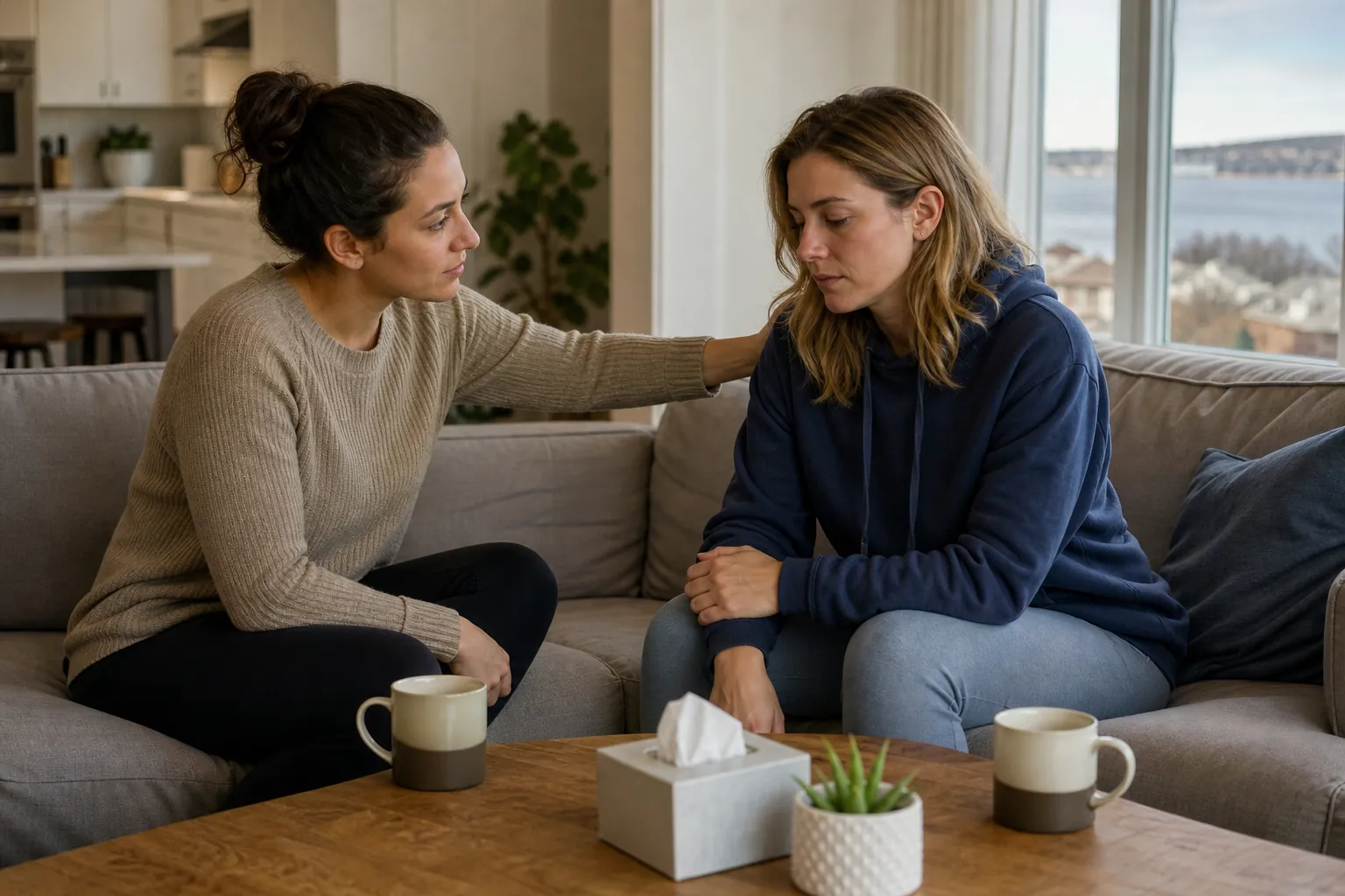 A Friend Offers Comfort During a Quiet Conversation Two women sit on a sofa, one resting a hand on the other's shoulder, with mugs and a tissue box on the coffee table.